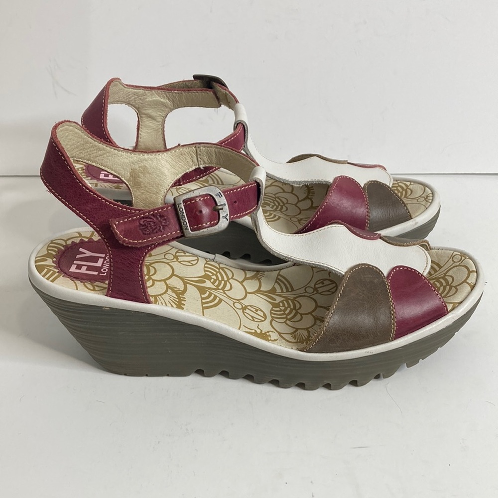 Fly London Shoes Womens 39 8 8.5 Pink Taupe Yila T Strap Peep Toe Wedge Sandal